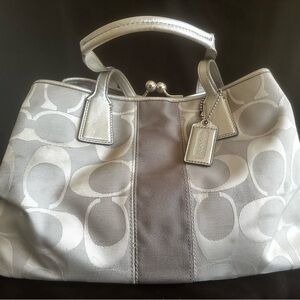 Coach Silver Metallic Signature Canvas Kiss-Lock Tote